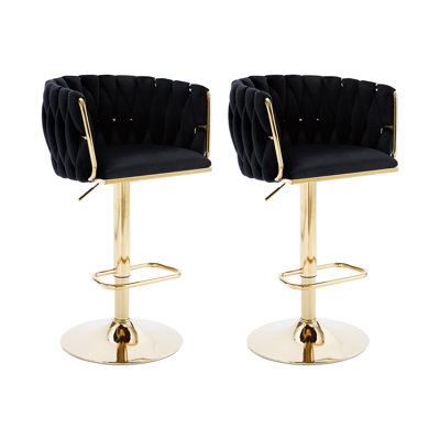 Swivel Adjustable Height Bar Stool with Woven Backs and Gold Base