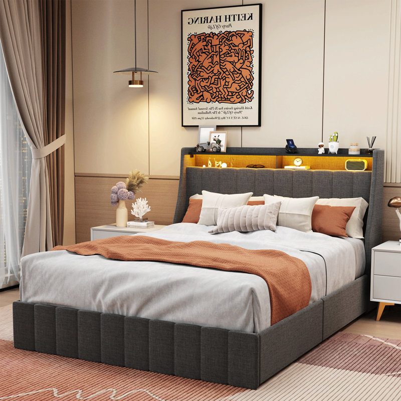 Bed Frame With LED, 4 Under-Bed Portable Storage Drawers, Wings Headboard Design, Queen, Dark Gray