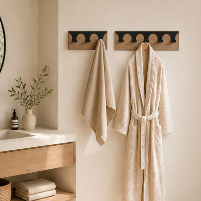 Stay Wall Hooks Set with Wooden Backplate, Metal Coat Hooks for Entryway, Bathroom, Bedroom & Kitchen, Decorative Wall Mounted Hooks
