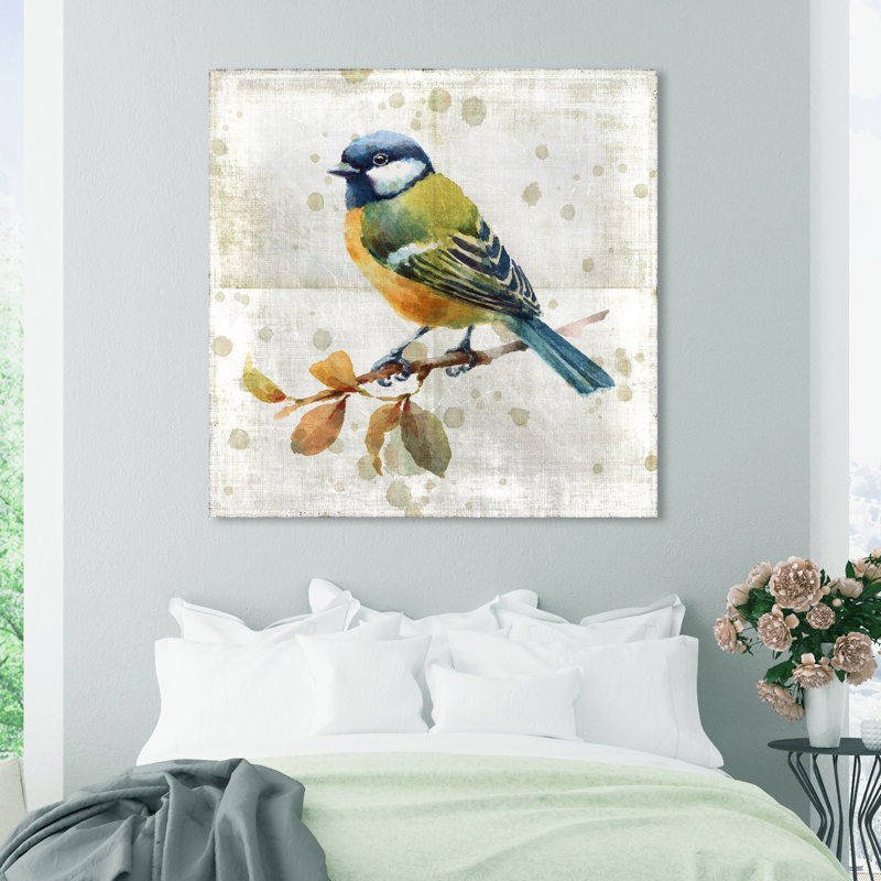Oiseau bleu - peinture sur toile, H 40 po x l 40 po, Toile tendue