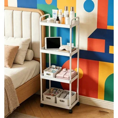 Chariot utilitaire roulant en plastique à 4 niveaux avec poignée, chariot de rangement multifonctionnel pour bureau, salon, cuisine, organisateur de rangement mobile avec roues, blanc