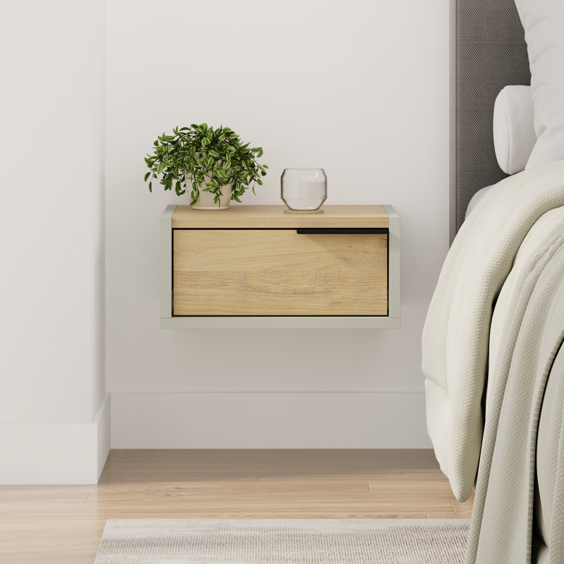  Eco Floating Bedside Table With Drawer And Metal Handle, Bedroom, Ash Green/Oak