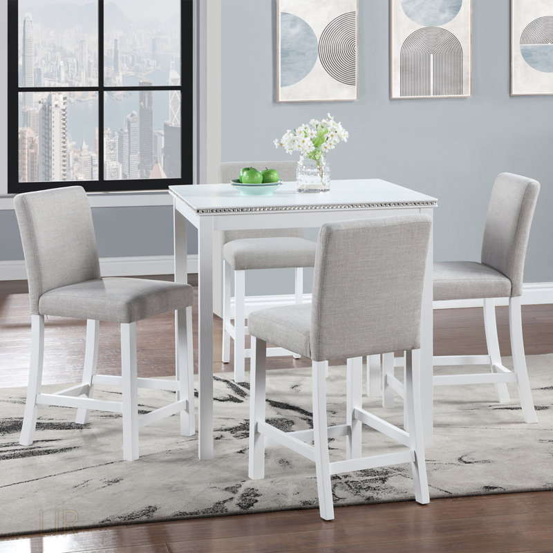 Ensemble de salle à manger 5 pièces à hauteur de comptoir avec table carrée et chaises rembourrées, décor en cristal pour une maison élégante