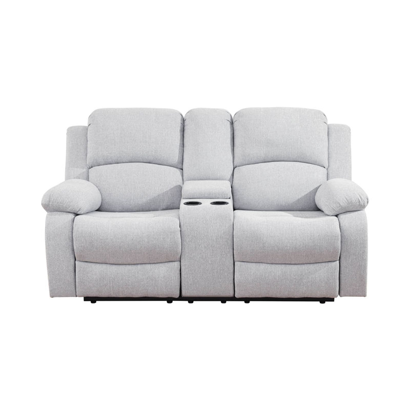 Causeuse inclinable manuelle en mélange de lin gris et argent avec console centrale, Mélange de lin gris / argent