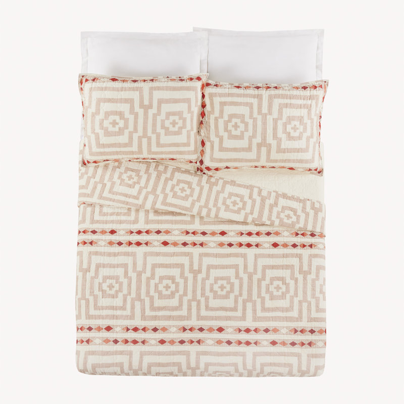 Hypnotic 100% Cotton Boho Lightweight Quilt Set, King Quilt + 2 Shams, Cream