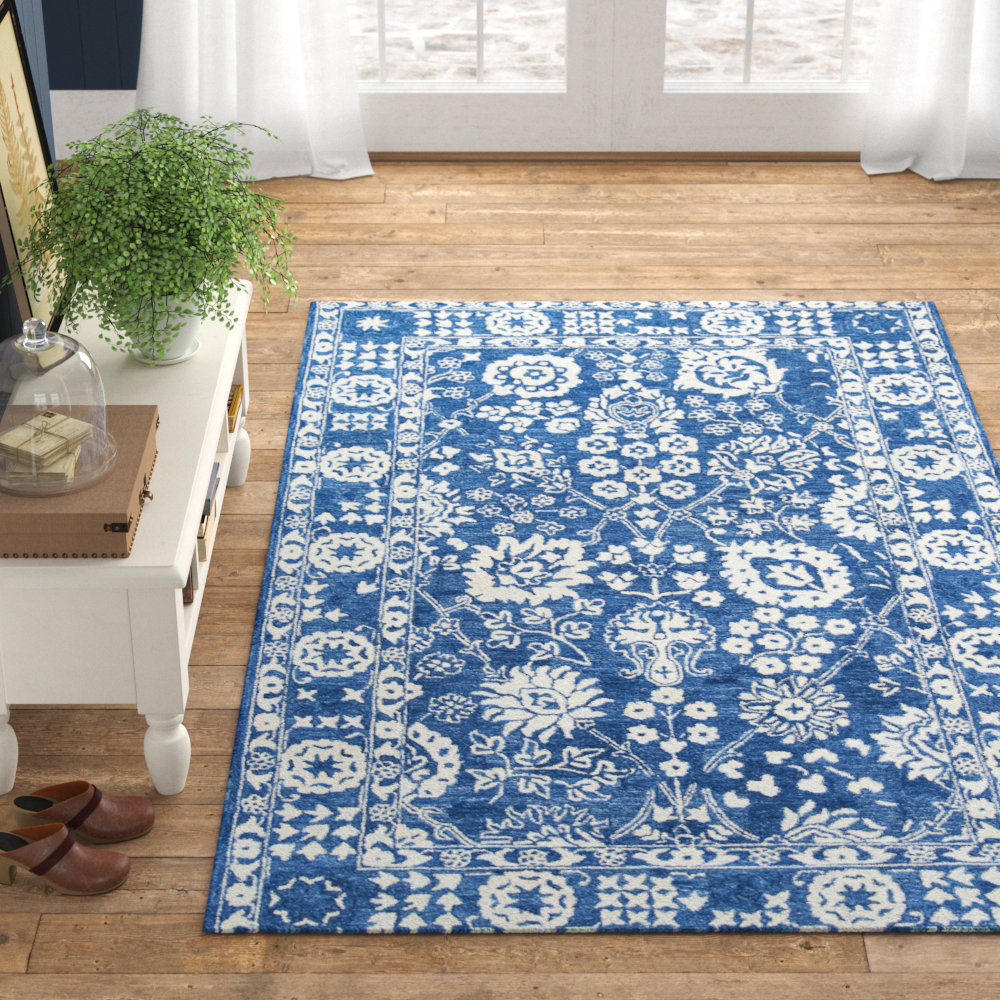 Cece Blue White Hand-Tufted Wool Oriental Rug, Rectangle 5' x 8'