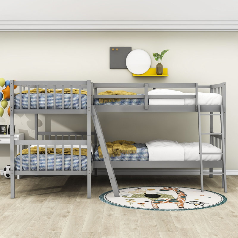 Twin Over Twin L-Shaped Bunk Beds with 2 Ladders, Grey