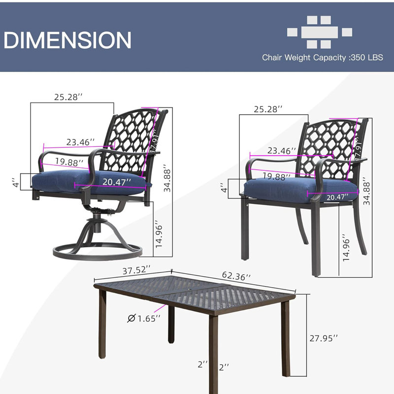 Ensemble de conversation d'extérieur 7 pièces pour patio, table de salle à manger en métal, ensemble de conversation pivotant et chaises avec coussins amovibles bleu marine pour jardin