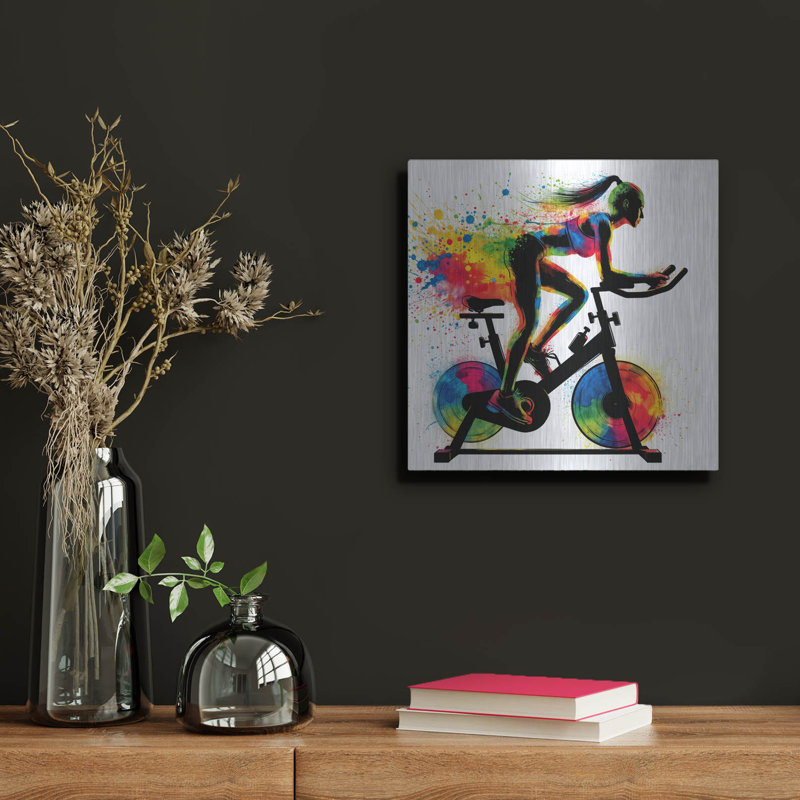  «Ride Bike Threadmill Watercolor» par Rey Klimt, art mural en métal, 12 po x 12 po, H 12 po x l 12 po