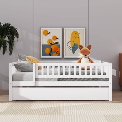 Wooden Daybed With Underbed Trundle And Fence-Style Guardrails
