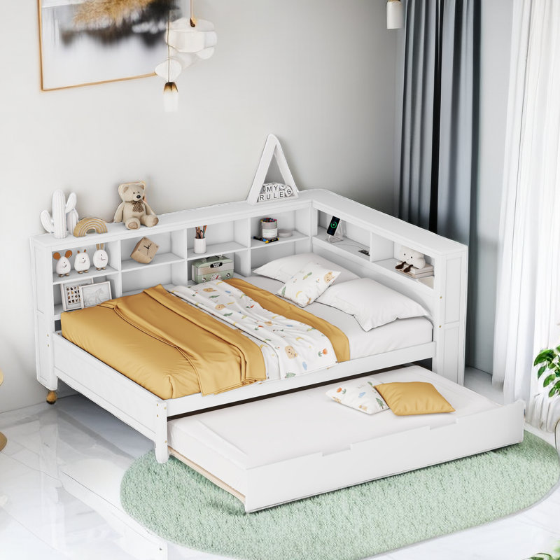 Hanin Wood Daybed with Trundle, Storage Shelves and Charging Station, White, Full