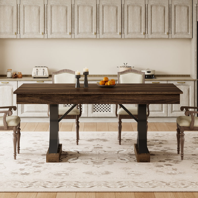 71 Inch Rectangular Dining Table with 2 Drawers, Large Wooden Kitchen Table for 6-8 People, Sturdy Double Pedestal Base, Brown