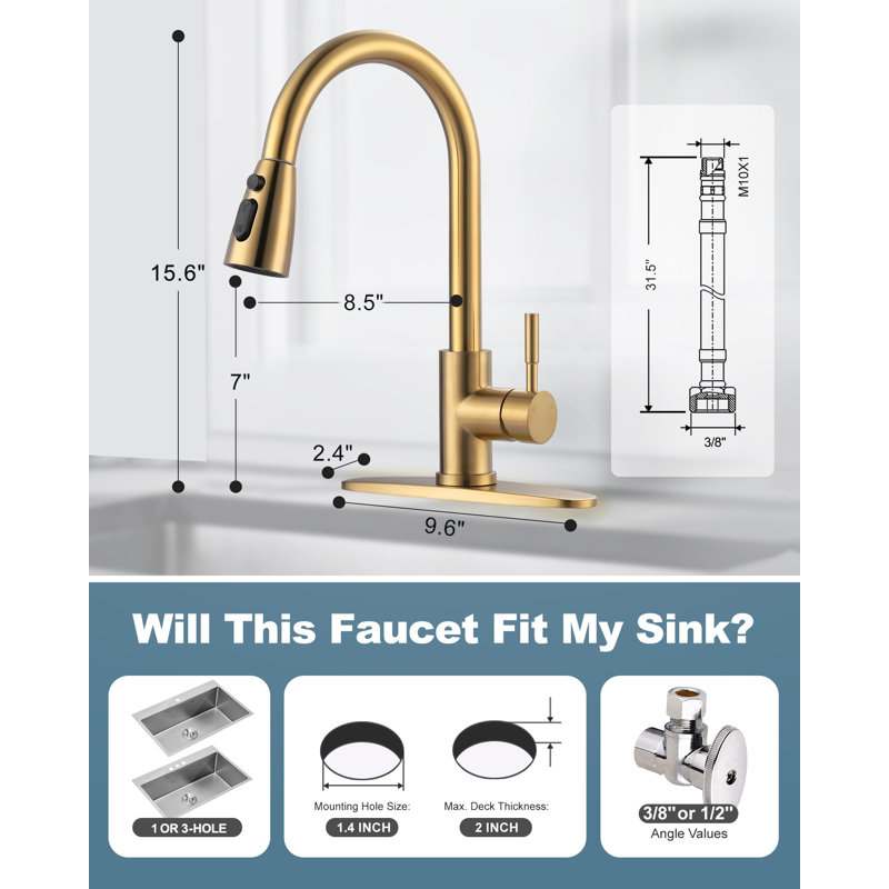 ARCORA Stainless Steel  Single Handle Pull-Down Sprayer Kitchen Faucet Set with Touchless Sensor, Gold