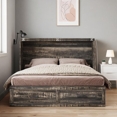 Foldable Hideaway Murphy Platform Bed, Engineered Wood Queen Size for Small Rooms, Cool Gray with Built-in Charging Station