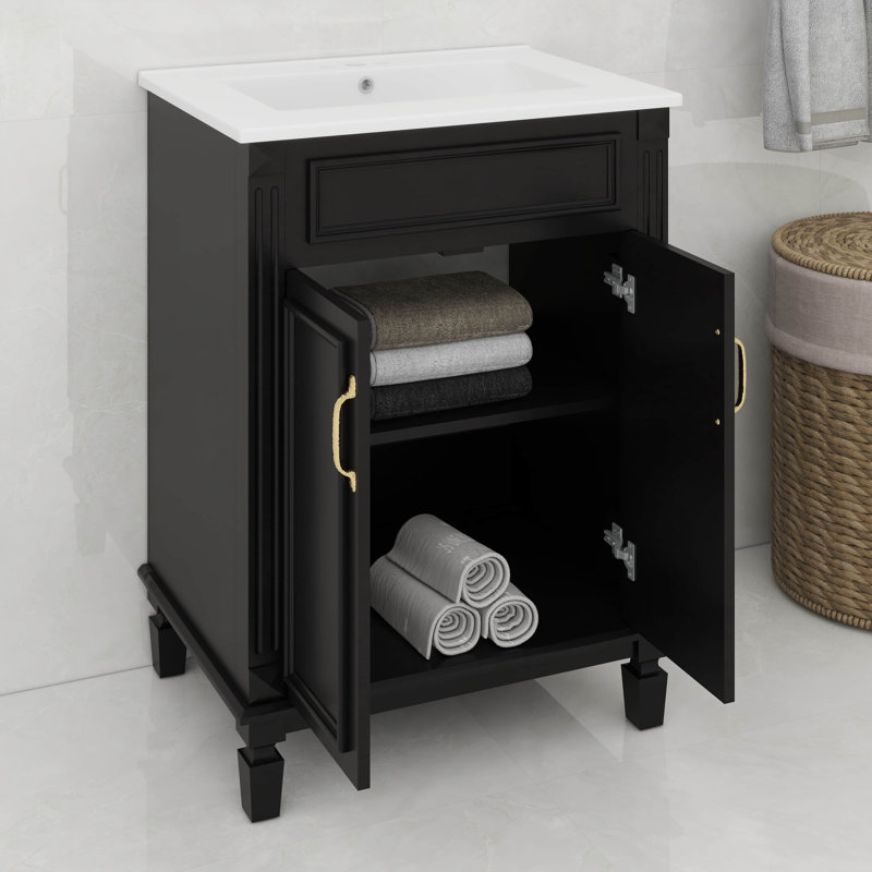 Meuble-lavabo 24 po avec lavabo, meuble-lavabo moderne avec armoire de rangement à 2 niveaux, Noir, Doré