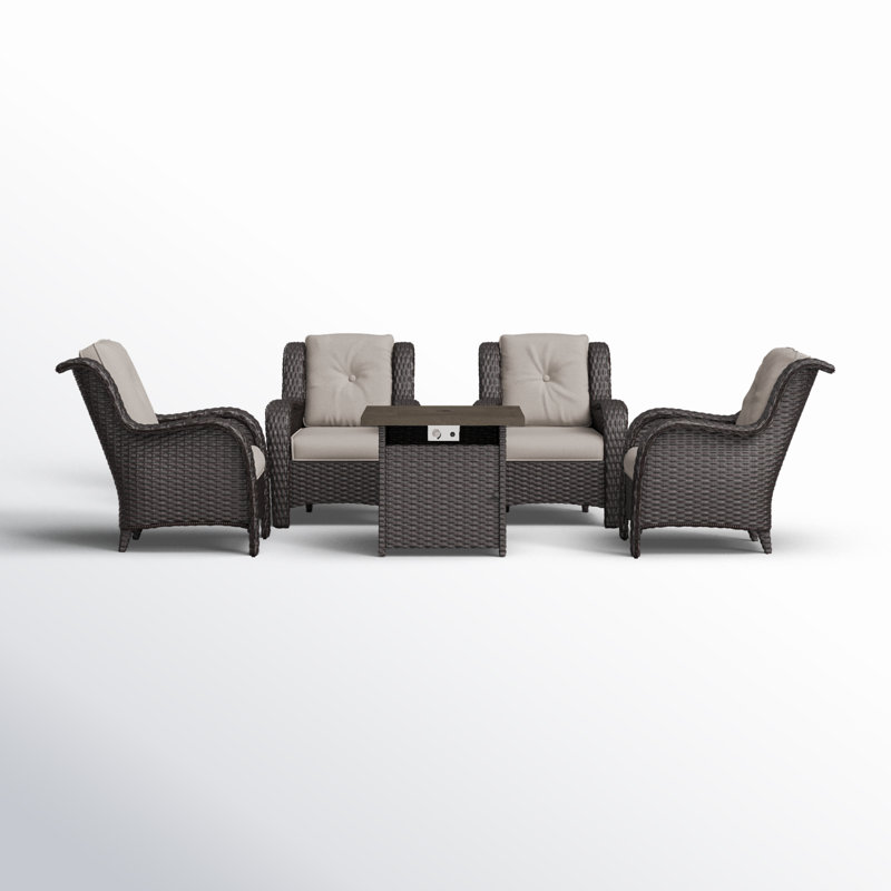 Ensemble de conversation extérieur avec foyer pour 4 personnes Aowyn, Beige