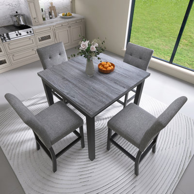 5-Piece Counter Height Dining Set Wood Square Dining Room Table And Chairs Stools W/Footrest & 4 Upholstered High-Back Chairs,Black