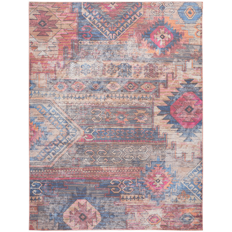 Machine Washable Southwestern Blue/Red Area Rug, Rectangle 9'2" x 12'