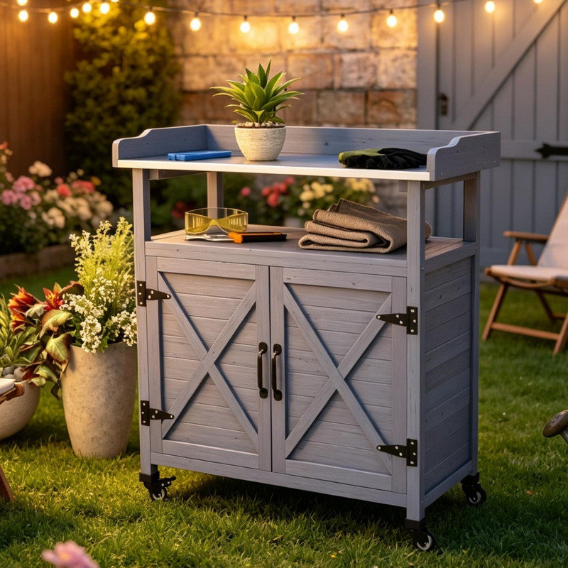 Sleek Contemporary Wooden Patio Outdoor Storage Cabinet, Minimalist All-Weather Backyard Storage Unit for Outdoor Garden Organization
