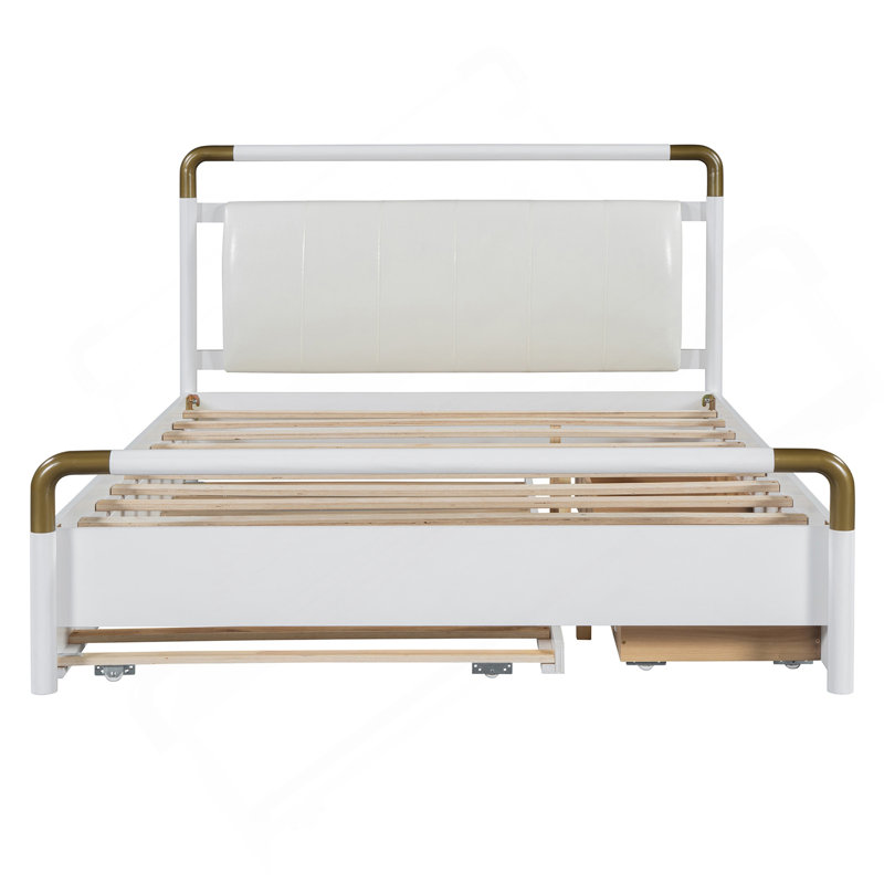 Grand lit plateforme en bois avec 2 grands tiroirs, lit gigogne T-XL, blanc
