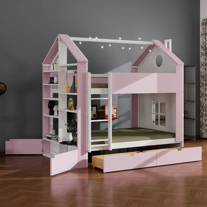 Lit superposé avec tiroirs de rangement, tablettes et bande lumineuse à DEL, lit superposé en bois moderne à deux tons
