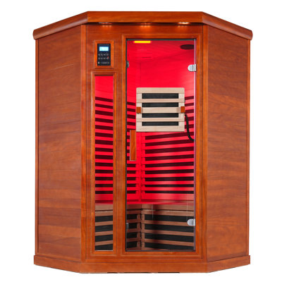 2-Person Corner Far Infrared Sauna, Low EMF Full Spectrum Heating in Okoume Wood, Home Spa Sauna with LCD Control, LED Lighting & Bluetooth Audio