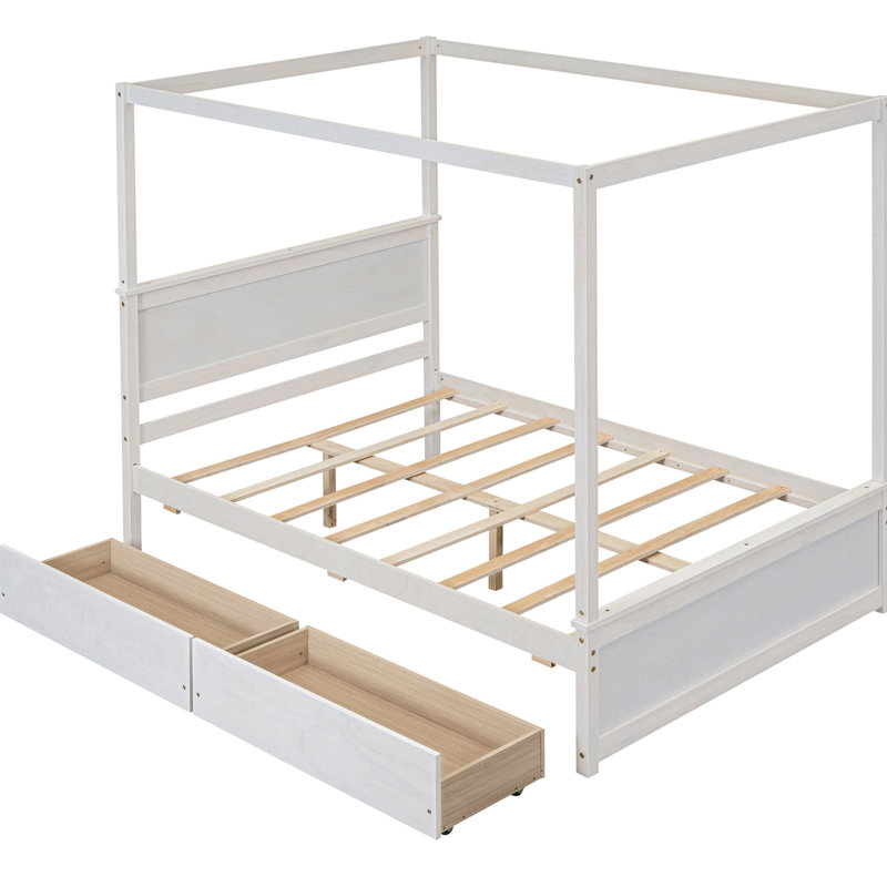 Lit à baldaquin avec lattes de support, blanc brossé, peu encombrant et pratique, 2 tiroirs pleins, assemblage facile, matériaux de qualité supérieure, l 79,5 po x l 56,9 po x H 71,2 po, couleur blanche