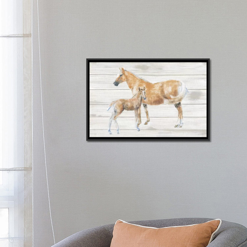 Cheval et poulain sur bois, impression sur toile tendue, H 18 po x l 26 po x P 1,5 po, Toile avec cadre noir, Pas de tapis