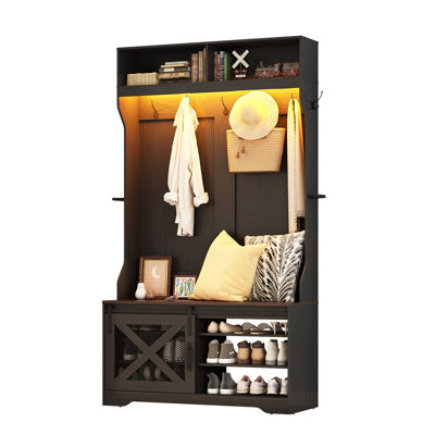 Led Farmhouse  Hall Tree 41.7'' Wide With Bench And Shoe Storage
