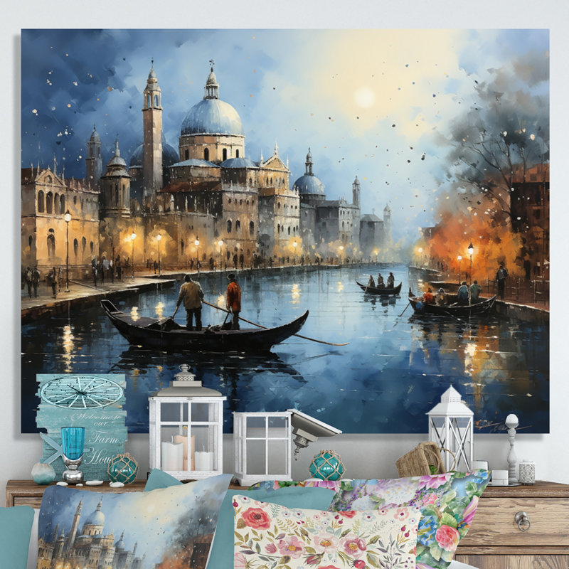 Gris sarcelle canal urbain Venise - imprimé, H 16 po x l 32 po x P 1 po, Toile tendue