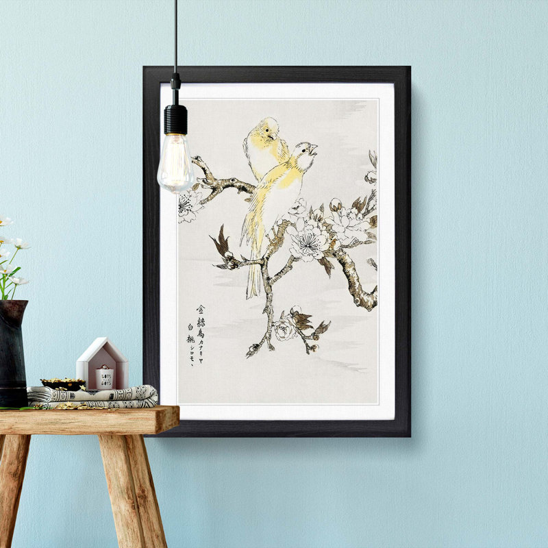Canary Birds & Peach Blossom by Numata Kashu - Picture Frame Art Print, Black Framed, 48cm H x 36cm W x 2cm D