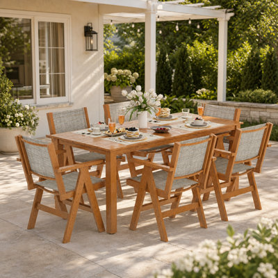 Outdoor Dining Table Set, 7 Piece Hdpe Patio Set With Aluminum Dining Table & 6 Textilene Chairs, 69" Outdoor Table With Umbrella Hole For Deck, Lawn, Teak