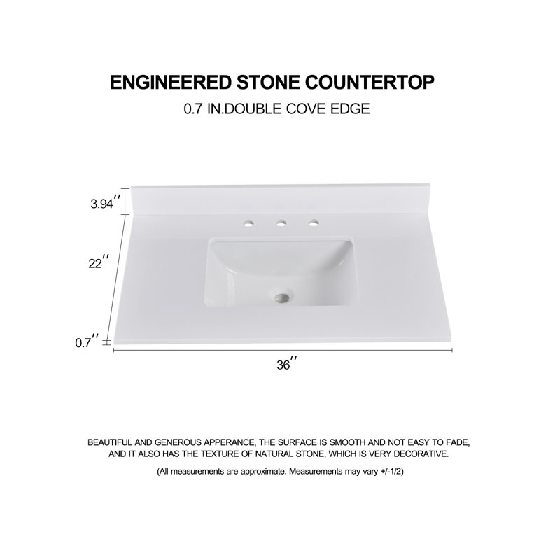 36" Single Bathroom Vanity Top in Solid White with Sink – For Vanity Replacement, No Cabinet