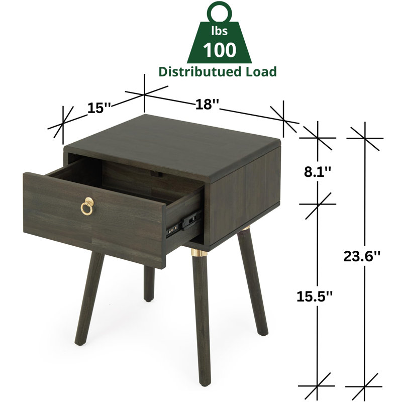 Solid Wood Bedside Table With 1 Drawer, Suitable For Bedroom And Living Room, Mocha