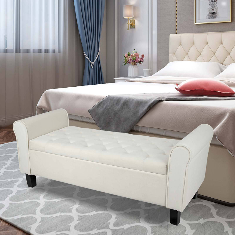 Upholstered Storage Bench End of Bed, Beige, Velvet
