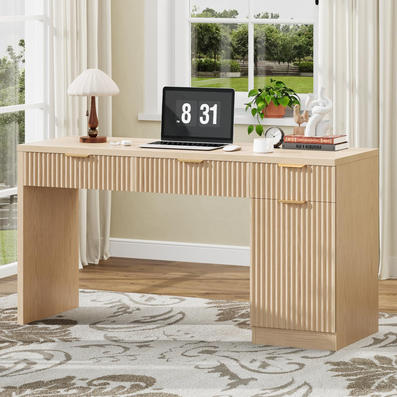Bureau de direction 60 "avec tiroirs cannelés, bureau à domicile en bois avec armoire de rangement, Naturel