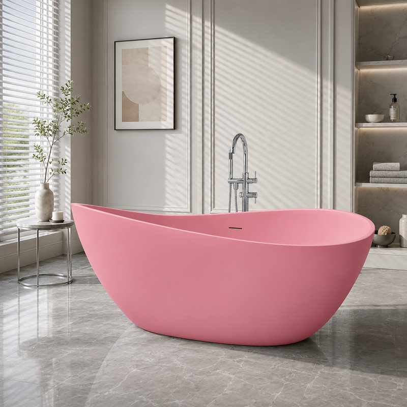 Baignoire profonde autoportante en acrylique renforcé de résine rose mat 63 po pour salle de bain