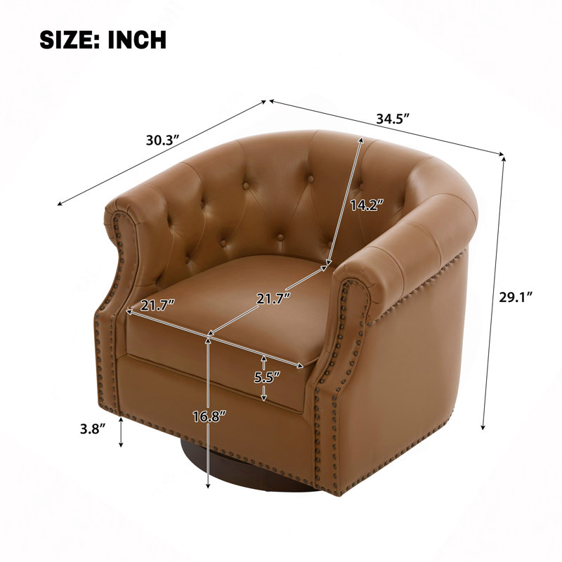 Fauteuil pivotant à 360° en similicuir, avec dossier incurvé, style club, capitonné et base en bois courbé, idéal pour le salon et la chambre.