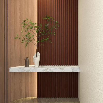Ensemble de panneaux muraux en bois de lattes noyer - 4 panneaux + garniture d'extrémité, décoration intérieure et de plafond moderne de 108 po x 5,7 po, panneaux de bois acoustique faciles à installer pour le bureau à domicile, le salon, la chambre à coucher