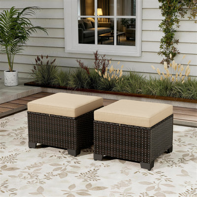 21.5"W Outdoor Wicker Ottomans With Cushions, Set Of 2 Patio Footrests With Adjustable Feet