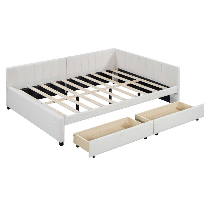  Lit de jour d'angle rembourré avec 2 tiroirs, structure de canapé-lit et lit plateforme Kupono, Beige, Plein