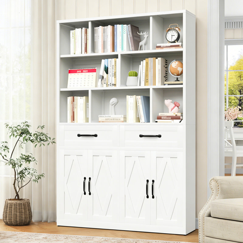 Bibliothèque blanche en métal avec tablettes ouvertes, 2 tiroirs et portes pour le bureau à domicile ou le bureau, Stable Stylish