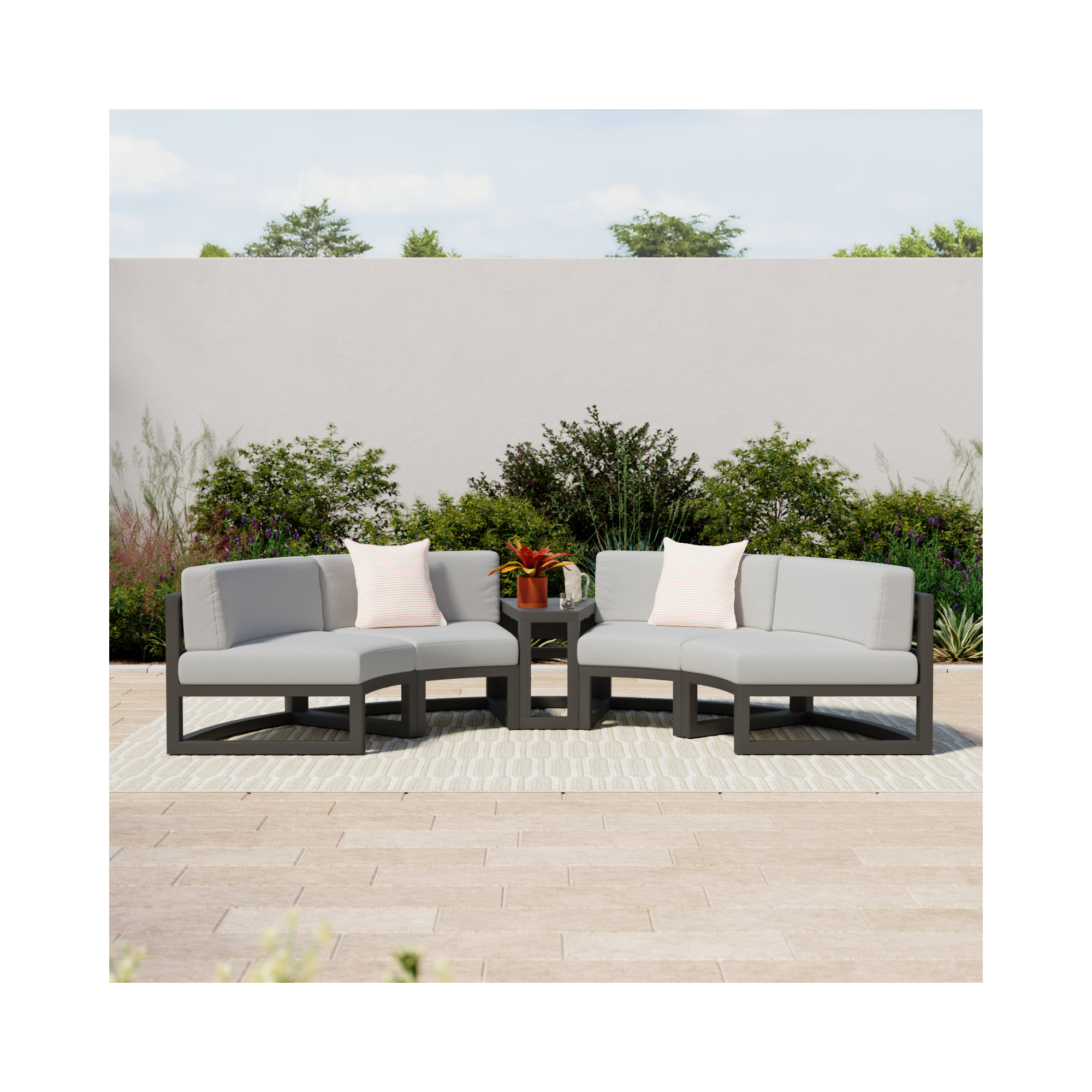 Bergeron Outdoor Curved Patio Sectional with Sunbrella Cushions, Canvas Natural Sunbrella® Canvas, Slate