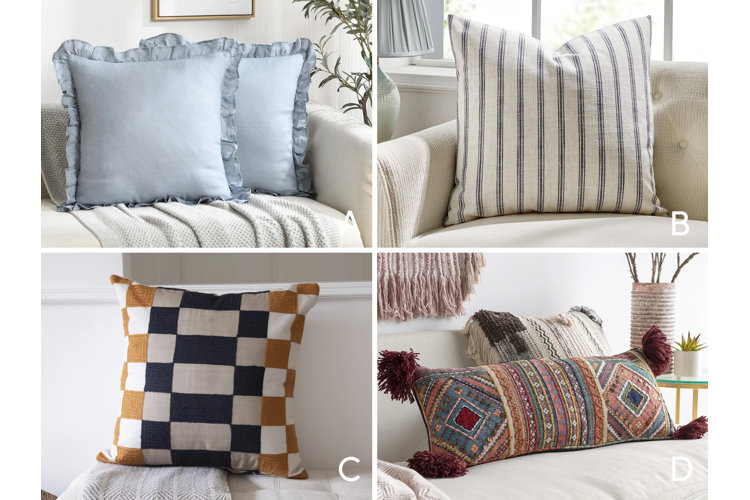 Image of four different throw pillows, one with ruffles, one with stripes, one with an abstract design, and one with tassels.