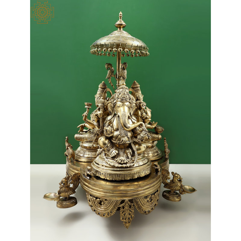 26" Revolving Ganesha, Lakshmi & Saraswati – Handmade Bronze Religious Showpiece, Blessing Trinity of Wisdom, Prosperity & Auspiciousness, Indian Deity Décor Collection