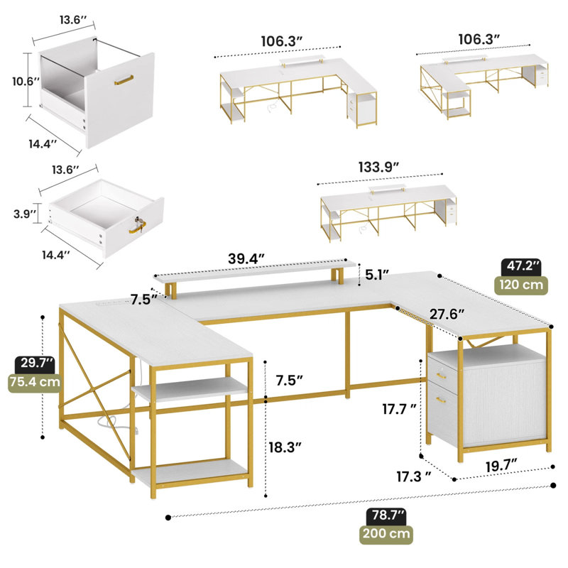  U-Shaped Desk With Power Outlets & LED Lights, Reversible Computer Desk With Storage Drawers & Shelves, White/Gold