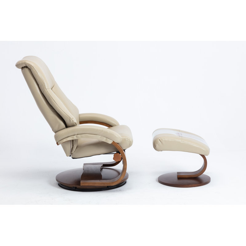 Beige Leather Swivel Recliner with Walnut Base and Ottoman