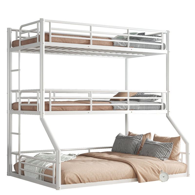 Lit superposé simple au-dessus de simple au-dessus d'un lit double, lit superposé triple en métal avec garde-corps de sécurité, lit superposé robuste avec conception à réduction de bruit, blanc