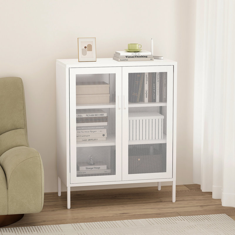 Amelia 32" Modern Steel Accent Cabinet with 3 Adjustable Shelves in White, White