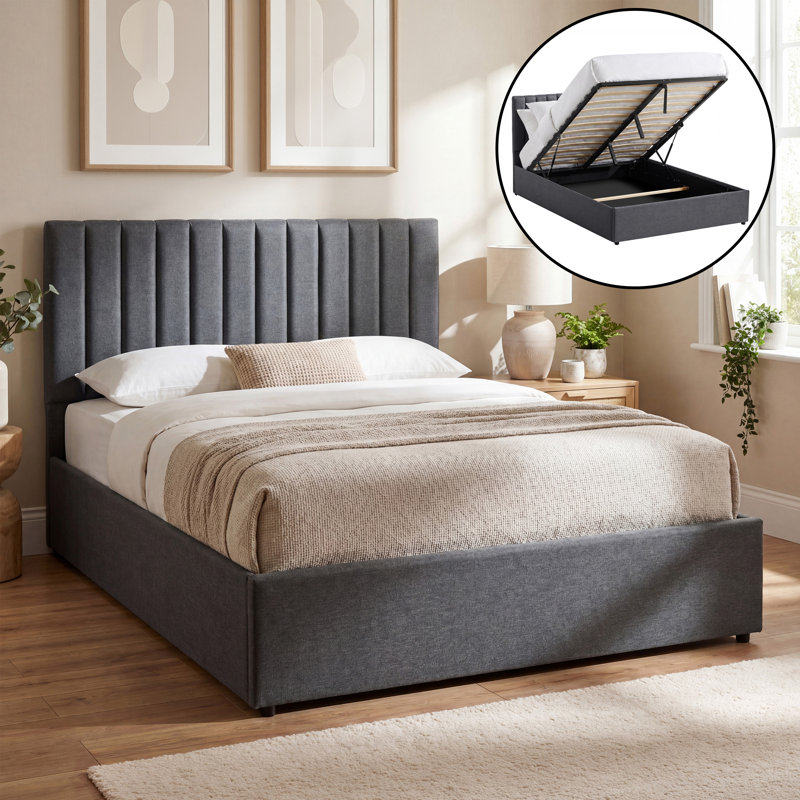 Fabric Ottoman Bed Frame With Hydraulic Lift-Up Storage, Slatted Base, Modern Design, King (5'), Dark Grey